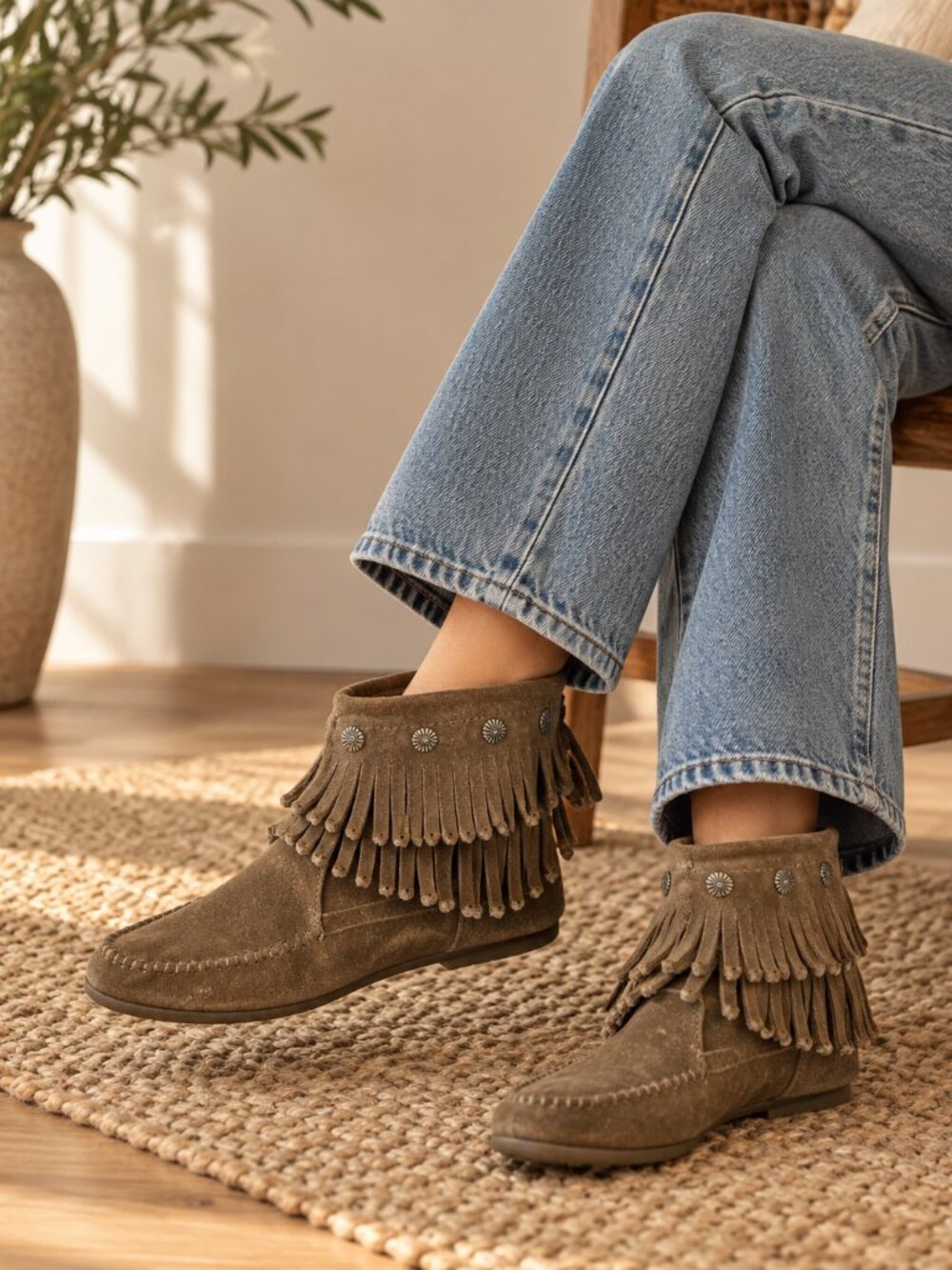 Minnetonka Suede Fringe Moccasin Boots Size 10 Western Boho ✨